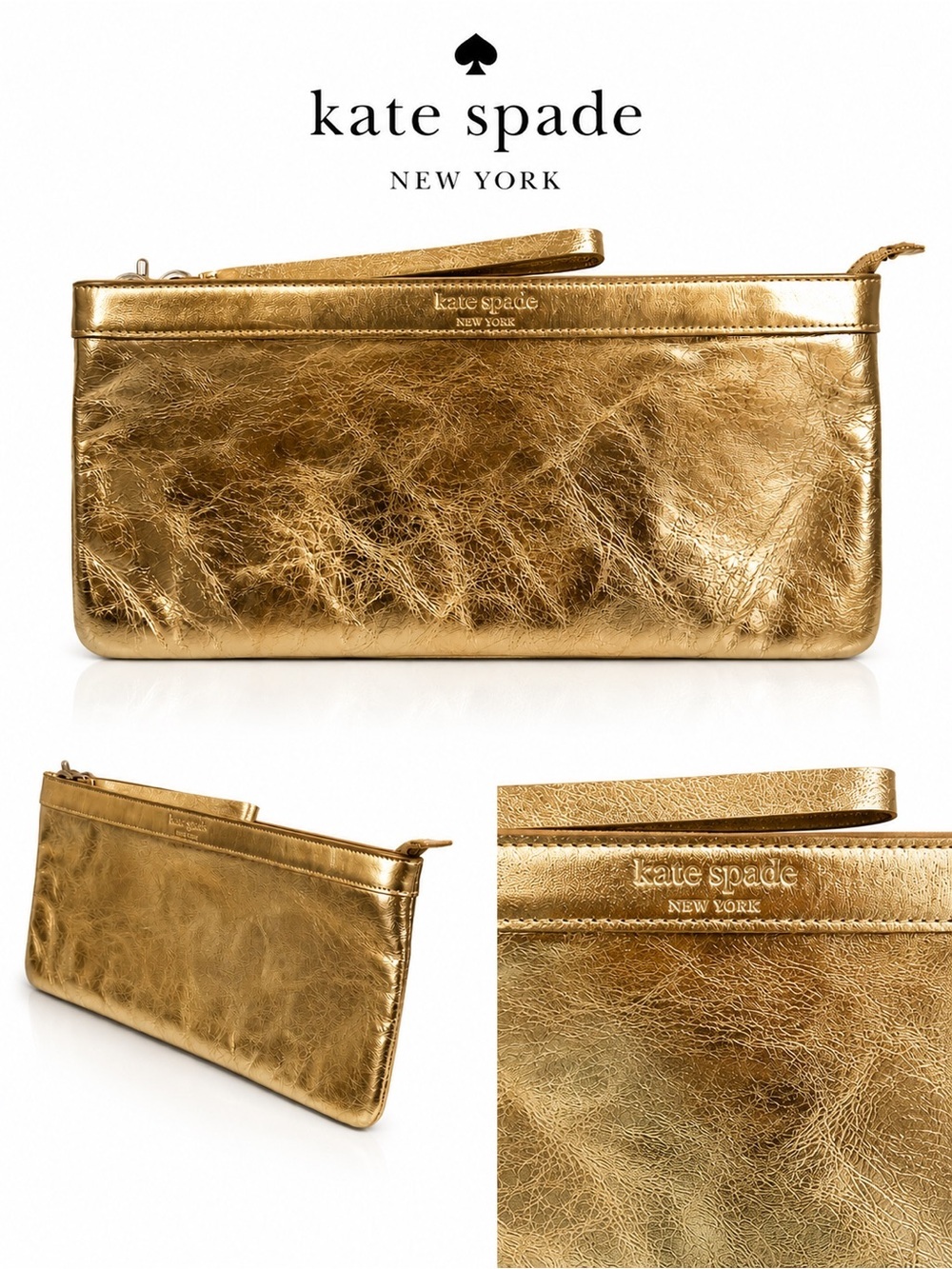Kate Spade gold crinkled leather clutch/wristlet